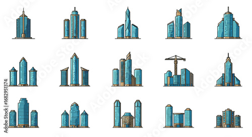 Modern architectural skyline collection with urban skyscrapers and construction crane