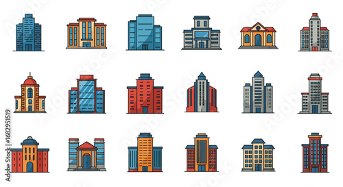 Variety of urban buildings in flat design style