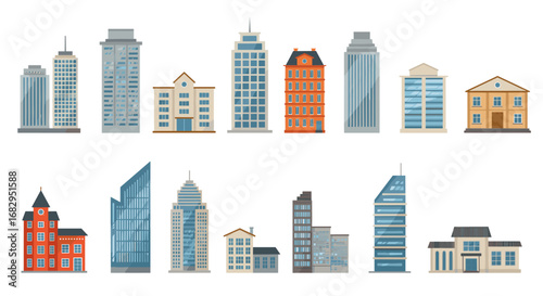 Diverse urban building set featuring modern and classic architecture designs