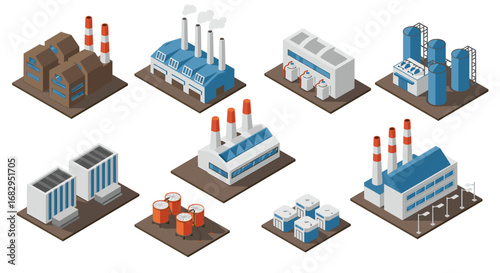 Isometric industrial complex set: factories, power plants, and storage facilities