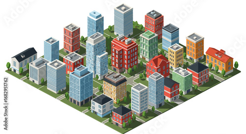 Isometric cityscape with colorful buildings and greenery in an urban setting