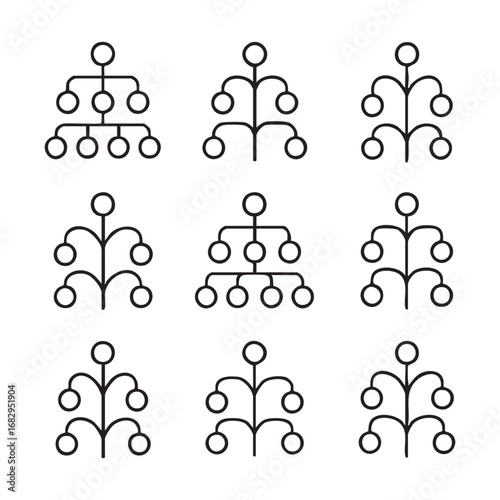 Set of 9 stylized family trees, branching structures, minimal black lines, clean vector collection.