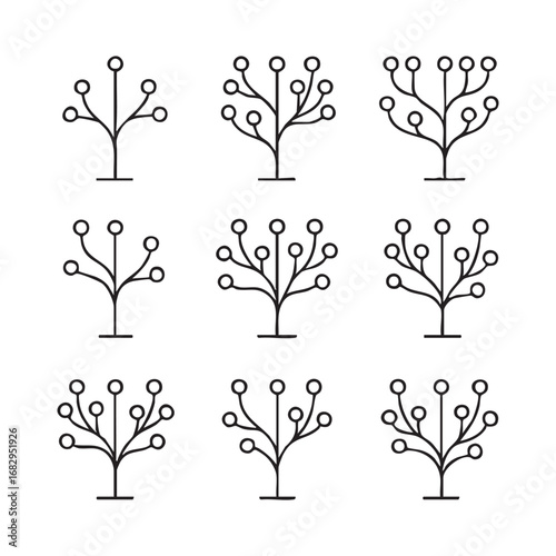 Set of 9 stylized family trees, branching structures, minimal black lines, clean vector collection.