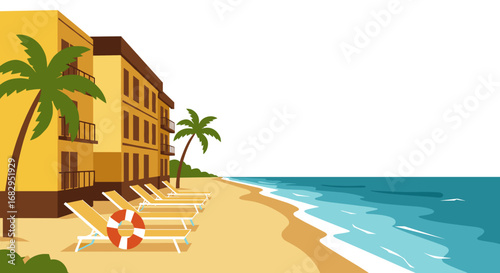 Sandy beachfront with palm trees and lounge chairs in flat style