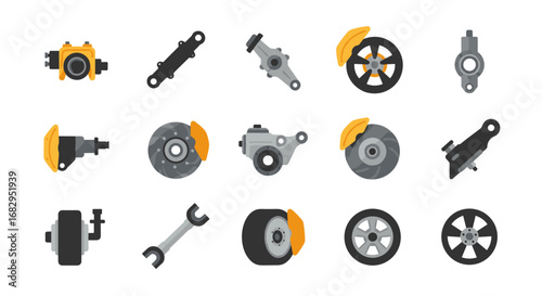 Automotive parts icons set with flat style brake discs and gears