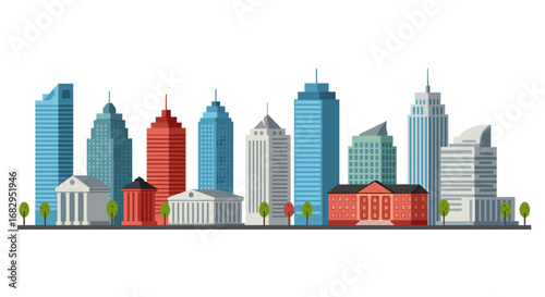Modern cityscape with diverse architectural styles and skyscrapers in flat design