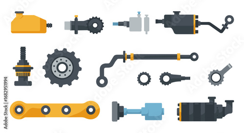 Flat mechanical parts collection with gears and pipes on white background
