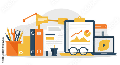 Business workspace desk with graphs and office supplies in flat design