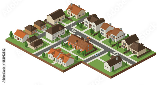 Isometric suburban neighborhood with houses, streets, and trees