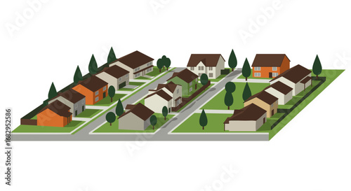 Suburban neighborhood isometric design with greenery and houses in modern style