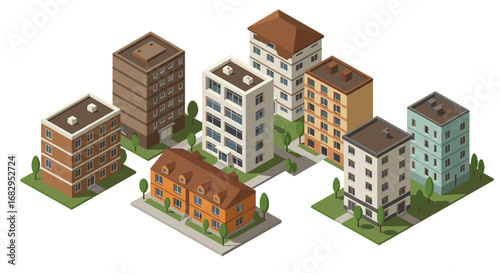 Isometric city buildings collection with diverse architectural styles
