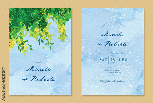 Watercolor Floral Wedding Invitation Card With Greenery Leaves Decoration