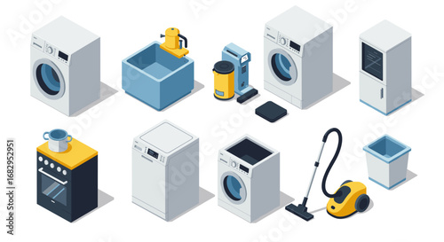 Isometric home appliances collection: washer, sink, coffee machine, and more