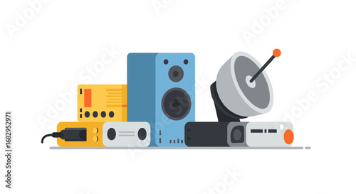 Retro electronics collection featuring vintage speakers and satellite dish in flat design