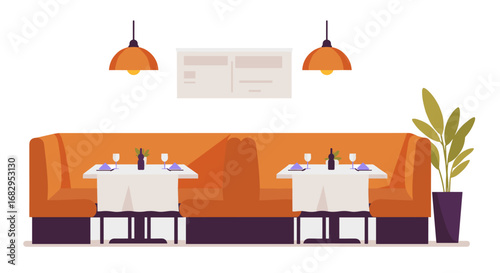 Cozy restaurant interior with orange seating and decorative elements