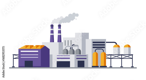 Modern industrial factory with smoke stacks and equipment in flat design