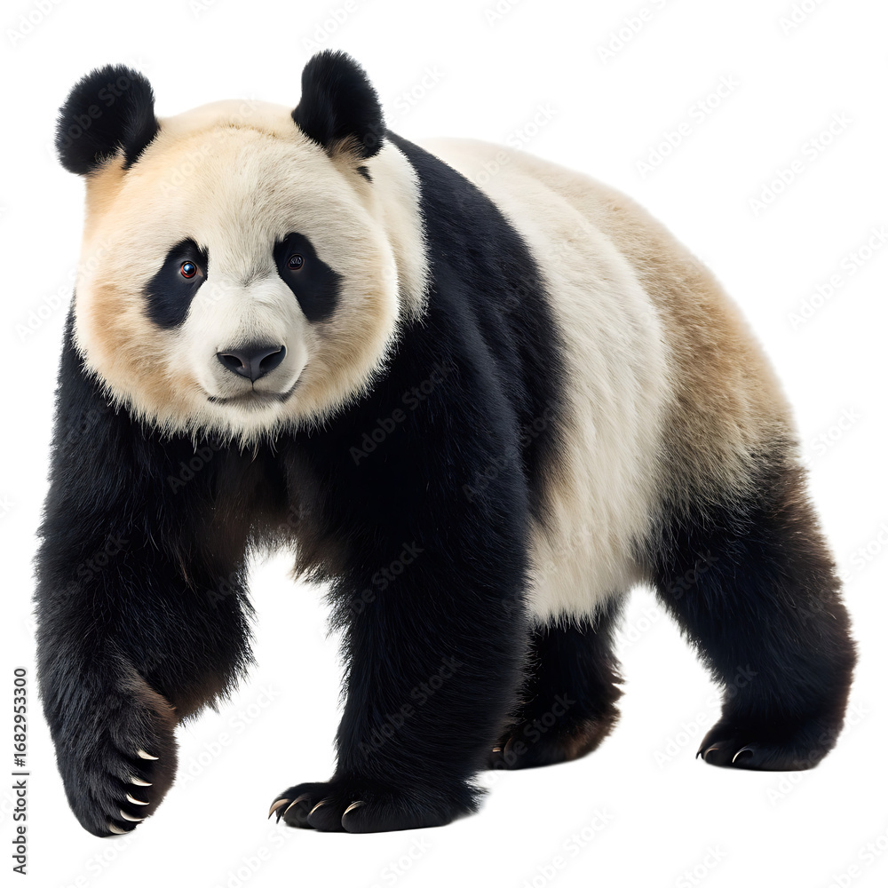 Fototapeta premium A panda bear standing on its feet with a black and white color scheme and a black background behind it