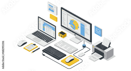 Modern isometric workspace with computers and office supplies