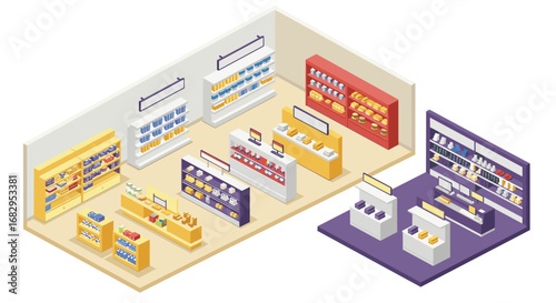 Isometric supermarket interior design with shelves and cash registers
