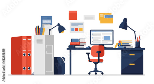 Modern office workspace with computer and stationery