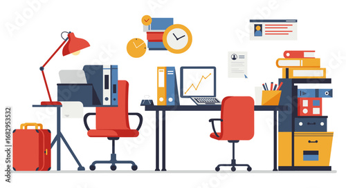 Modern office workspace with flat design and red accents