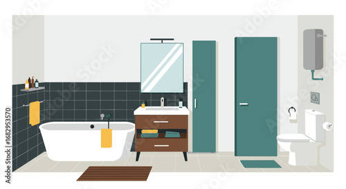Modern bathroom interior with bathtub and contemporary fixtures in flat design
