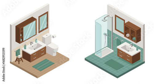Isometric bathroom interior with modern shower and vanity design