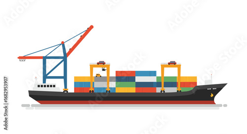 Cargo ship with containers and cranes in flat design on white background
