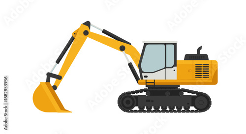 Flat construction excavator side view with yellow and black design