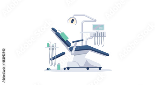 Modern dental office equipment scene: comfortable chair and tools in a professional setting