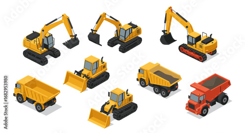 Isometric construction vehicles collection featuring diggers, dump trucks, and excavators