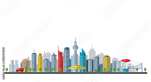 Colorful urban skyline with modern city buildings and trees in flat design