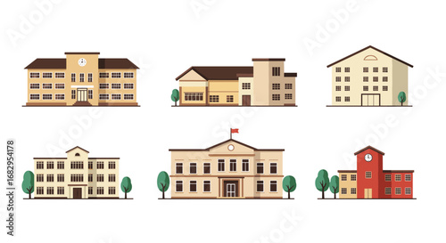 Set of flat educational buildings: schools and universities with trees