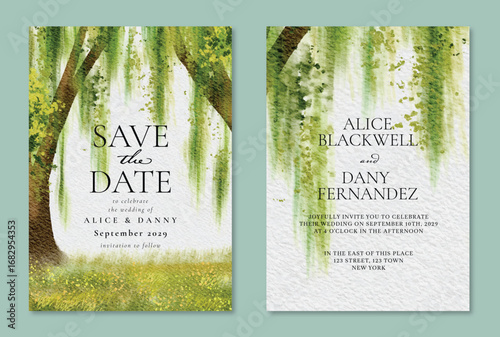 Artistic Watercolor Willow Tree Wedding Save the Date Invitation Design
