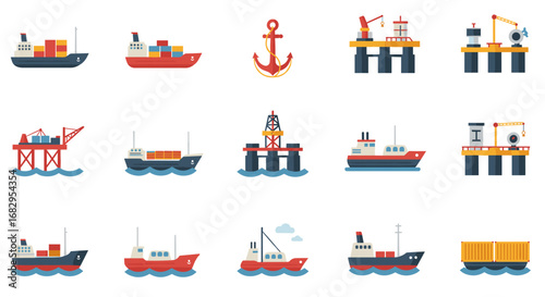Nautical icons collection featuring ships, platforms, and anchor in flat design