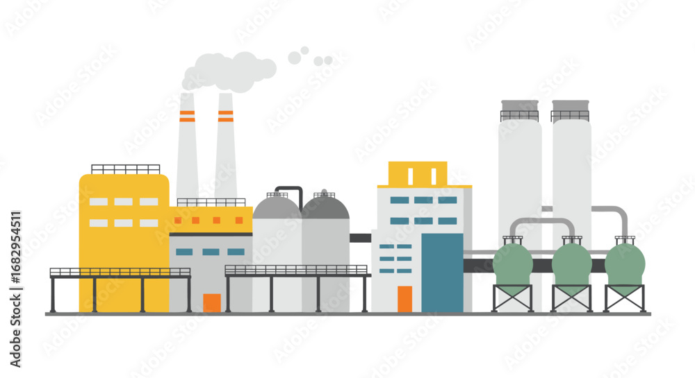 Fototapeta premium Flat industrial factory scene with smoke stacks and storage tanks