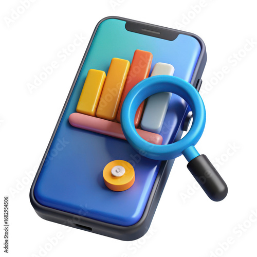 3d smartphone with financial chart and magnifying glass isolated on transparent background