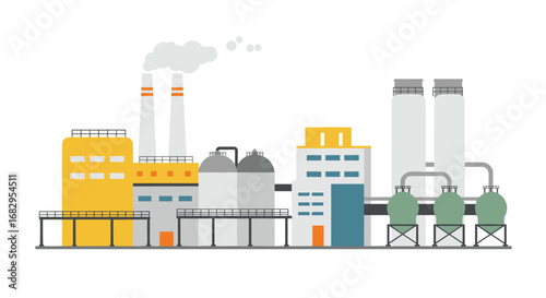 Flat industrial factory scene with smoke stacks and storage tanks