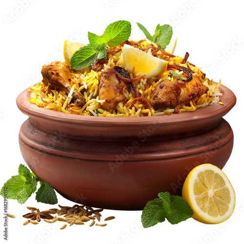 Authentic chicken biryani recipe indian food cuisine with rice and spices in clay pot dish on transparent background