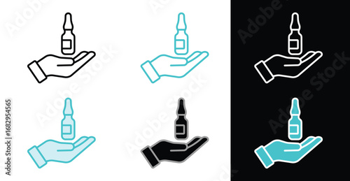 Medical vial and hand line icon set of modern symbols for medicine and care