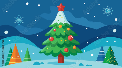 Vector art of christmas tree with snow and snowflakes for winter holiday season celebration and new year greetings card design around 135 characters