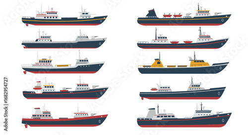 Flat design set of various ships in side view for nautical themes