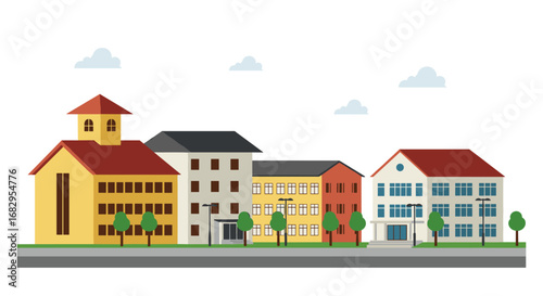 Charming flat style cityscape with colorful buildings and trees