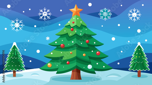 Vector art of a christmas tree in a snowy landscape with snowflakes falling, creating a festive and joyful atmosphere for the holiday season in winter