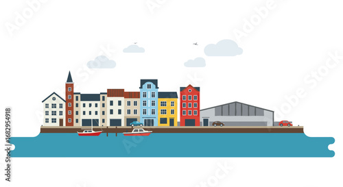 Charming coastal townscape with colorful houses on waterfront