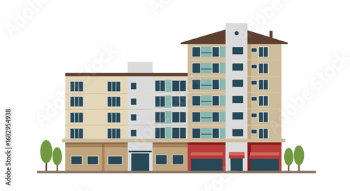 Modern apartment building with shops and trees on a clear background