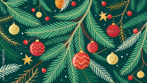 Vector art of festive christmas tree adorned with ornaments, stars, and berries, creating a joyful holiday season celebration with a touch of vintage charm