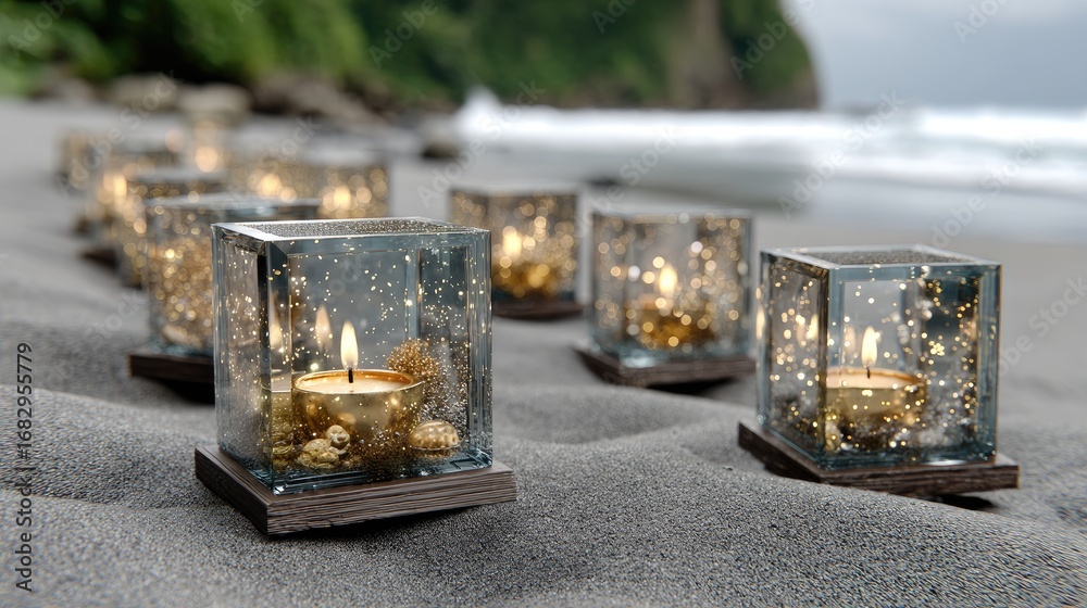 Fototapeta premium Multiple glass cubes float gently, illuminating the shoreline with twinkling lights while surrounded by lush greenery and ocean waves