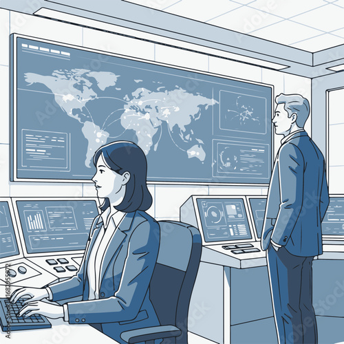 Inside control room, two employees watch map with global data flow. Control room setup with technical monitors and computers shows important information and workflow.