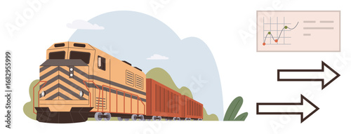 Freight train traveling beside greenery, data chart showing trends, and directional arrows indicating progress. Ideal for logistics, transportation, growth analysis, strategy, efficiency, planning